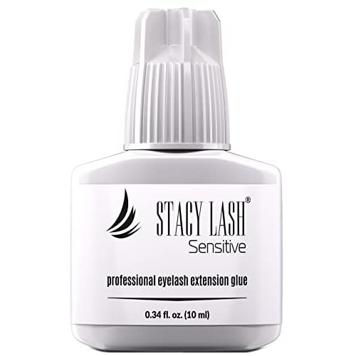 Sensitive Eyelash Extension Glue 10ml & Primer/Cleanser 40ml - Stacy Lash/Black Adhesive for Semi-Permanent Extensions / 5-6Sec Drying Time/Low Fume/Protein Oil Remover/Professional Supplies