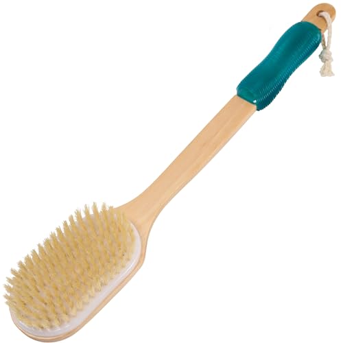 OWIIZI Back Scrubber for Shower Large Surface Body Scrub Brush Stiff Boar Bristles Wooden Curved Long Handle Antiskid Bath Brush for Wet or Dry Brushing