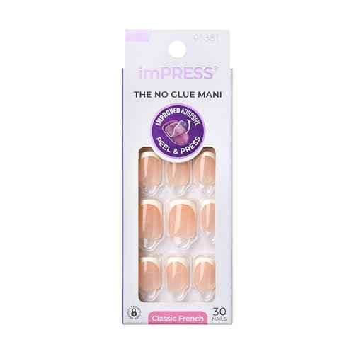 KISS imPRESS No Glue Mani Press On Nails, French, 'Model', White, Short Size, Squoval Shape, Includes 30 Nails, Prep Pad, Instructions Sheet, 1 Manicure Stick, 1 Mini File