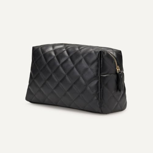 Amazon Essentials Quilted Travel Makeup Bag with Mesh Compartments, Black Faux Leather