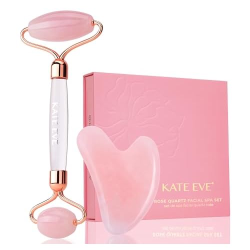 Kate Eve Rose Quartz Roller & Gua Sha Set ? 100% Natural Crystal Facial Massage Tools for All Skin Types | Self-Care Facial Massage Ritual | Anti-Aging, Reduces Puffiness & Firms Skin