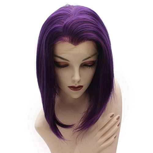 iwonawig Short Straight Bob Wig Drag Queen Synthetic Lace Front Wig Raven Purple Half Hand Tied Heat Resistant Fiber Hair Wig