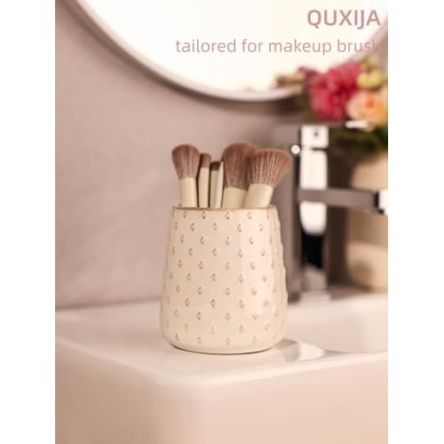 Ceramic Makeup Brush Holders, Farmhouse Bathroom Vanity and Countertop, Brushes Cup for Bathroom Cosmetics, Lipsticks, Vanity Desktop Storage (Vintage White)