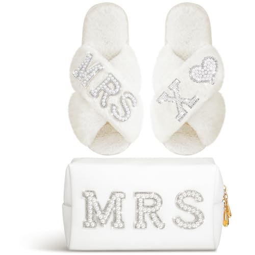 Xtinmee Personalized Initial Wedding Bride Slippers MRS Pearl Letter Makeup Bag Bridal Shower Gifts for Wedding Day (X)