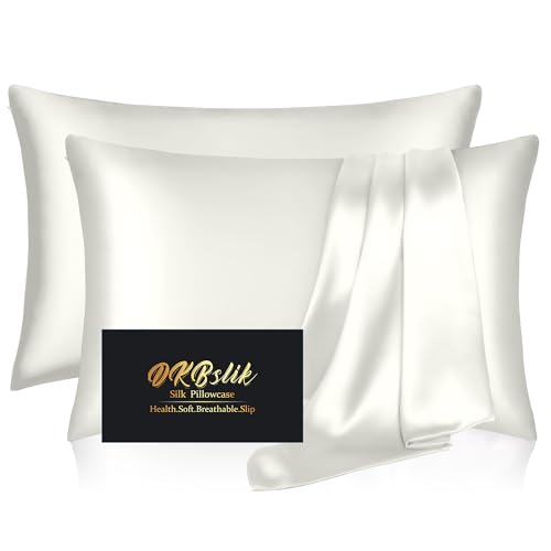 Silk Pillow Cases 2 Pack, Mulberry Silk Pillowcases Standard Set of 2, Health, Smooth, Anti Acne, Beauty Sleep, Both Sides Natural Silk Satin Pillow Cases for Women 2 Pack with Zipper for Gift, Ivory