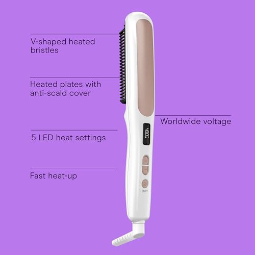 Conair Double Ceramic Hair Straightener Brush, Heated Straightening Brush for Smooth, Shiny Hair, V-Shaped Heated Bristles for Closer Contact, 5 LED Heat Settings, Dual Voltage, White