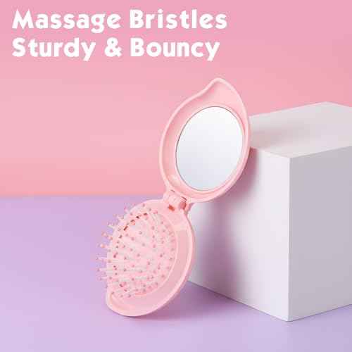 Boao 2 Pack Foldable Travel Mirror Hair Brushes Round Portable Folding Pocket Hair Brush Mini Comb Compact Travel Size Massage Comb for Men Women (Pink,Mango)
