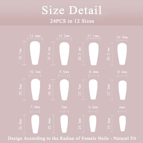 Ballet Press on Nails Long, 3D Pink Bow Rhinestone Star Fake Nails White French Tip Stick on Nails Heart Bear Bling Pearl False Nails Coffin Acrylic Nails Manicure for Women and Girls, 24PCS