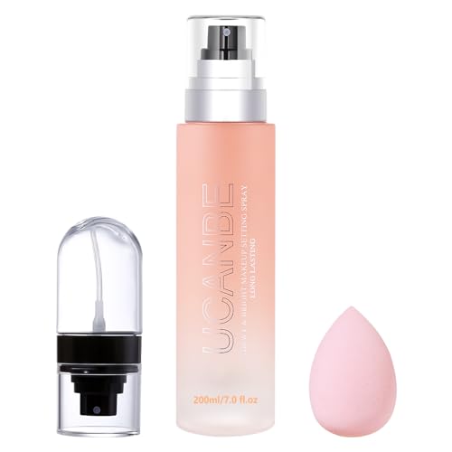 UCANBEMAKEUP Dewy Makeup Setting Spray Kit-7 Fl oz Hydrating Illuminating Finishing Spray Long Lasting Lightweight Face Mist Make up Fixer +1PC Travel Size Spray Bottle+1PC Sponge Puff