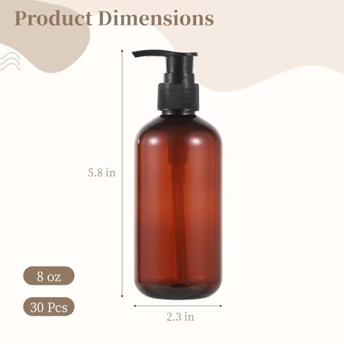 30 PCS Amber Empty Lotion Bottles with Pump - 8 oz/250ml Refillable Plastic Pump Bottles Hand Dish Dispenser Portable Travel Lotion Container for Shampoo, Conditioner, Cream, Liquid
