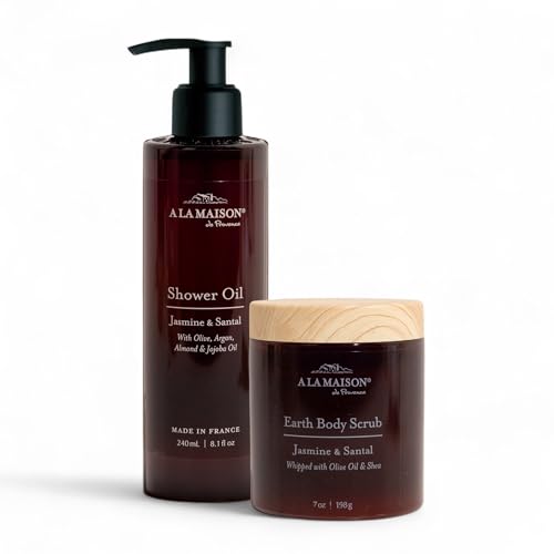 A La Maison Amber Jasmine & Santal Starter Kit - Shower Oil + Body Scrub ? Gently Exfoliates & Softens Skin ? French Formula, Plant-Based