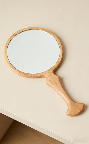 Wooden Handheld Mirror 5.1" Vintage Round Beech Wood with Handle