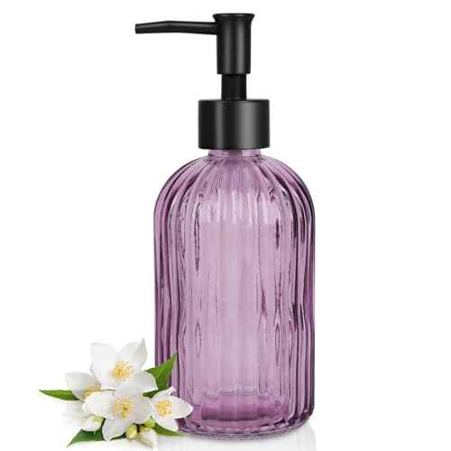 Topsky Stripe Glass Soap Dispenser with Black Plastic Pump, 400ml Liquid Hand Soap Dispenser, Rustproof Pump for Kitchen & Bathroom, Great for Lotions, Essential Oil, Liquid Soaps-Purple