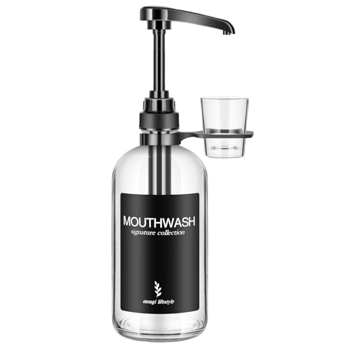 Clear Glass Mouthwash Dispenser with Cup Holder and Pump, 16 Oz