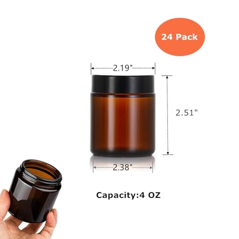 24 Pack 4oz Amber Glass Jars with Black Lids & Liners
