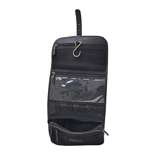 Genuine Buffalo Leather Hanging Toiletry Bag with Waterproof Lining for Men & Women Handcrafted Vintage Distressed Brownn Leather Dopp Kit, Travelling Kit (Black)