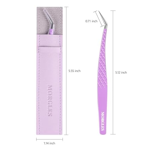 MORGLES Eyelash Tweezers for Lash Extensions, Fiber Tip Eyelash Extension Tweezers for Volume Lashes with Bag, Purple