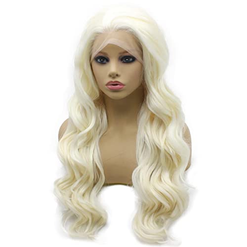 Iewig Long Wavy Lignt Blonde Wig for Women Half Hand Tied Synthetic Lace Front Wig