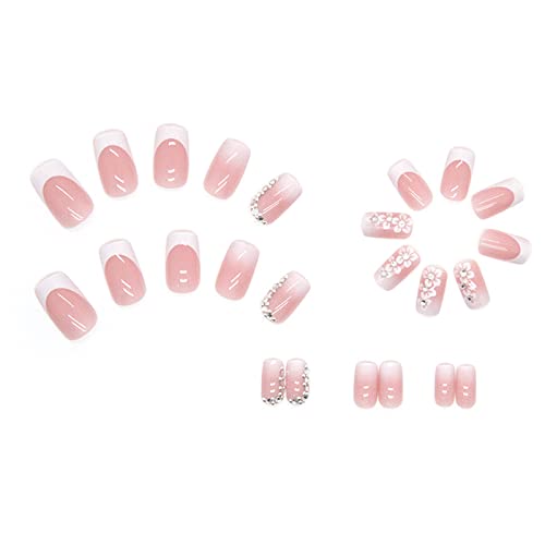 Pale Pink Press on Nails Medium Square Fake Nails with Flower Rhinestone Designs Glossy Full Cover Glue on Nails Acrylic French False Nails Stick on Nails for Women Girls