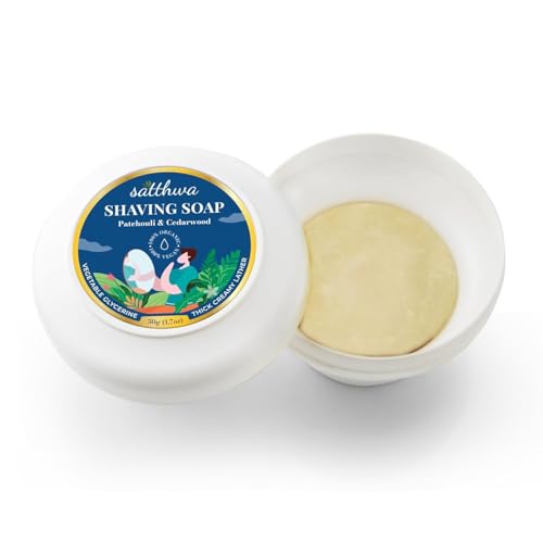 Satthwa Organic Shaving Soap Puck infused with Patchouli & Cedarwood | Create the Perfect Lather | Excellent for Silky Smooth Shaves | Hydrates and Shields, 50g (1.7oz)