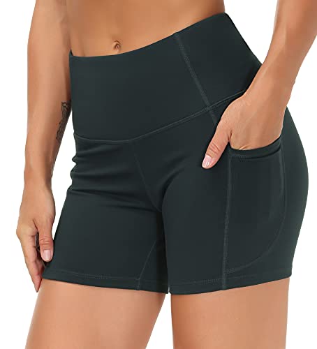 THE GYM PEOPLE High Waist Yoga Shorts for Women Tummy Control Fitness Athletic Workout Running Shorts with Deep Pockets (Small, Dark Grey)