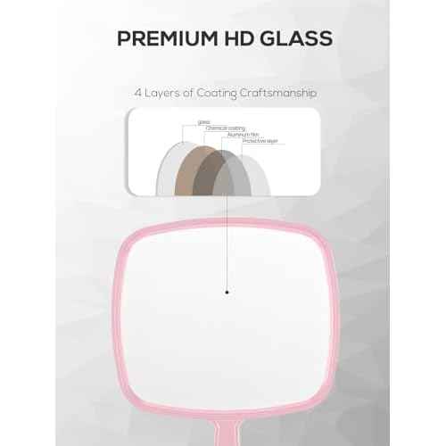 Extra Large Handheld Mirror£¬Hand Salon Mirror with Handle for Barbers, Hairdressing (Pink£¬12.4" Lx 9" W)