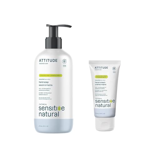 Bundle of ATTITUDE Hand Soap for Sensitive Skin Enriched with Oat, EWG Verified, Dermatologically Tested, Vegan, Extra Gentle, Unscented, 16 Fl Oz + Hand Cream, 2.5 Fl Oz