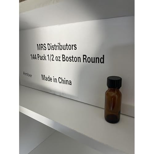 1/2 Oz Boston Round Amber Glass Bottle With Black Phenolic Polycone Liner Caps- 144 PACK; Perfect For Perfumes, Essential Oils, Aromatic Blends, Bath and Body, Reagent Liquids 15ml