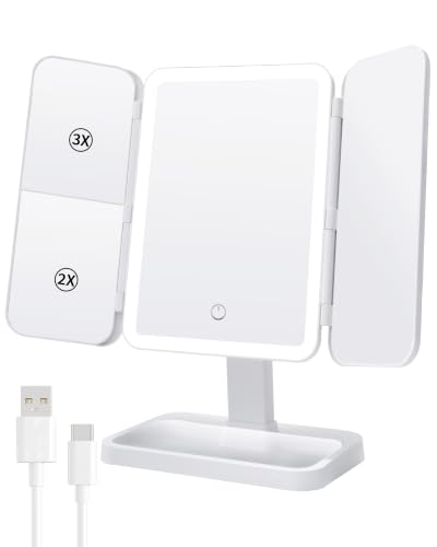Trifold Vanity Mirror with Lights, 2X/3X Magnification & Storage