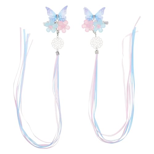 OSALADI 1 Pair Chinese Hair Accessories with Flower Hair Tassel Handmade Butterfly Hair Clips Hair Barrettes for Girls, Blue Pink