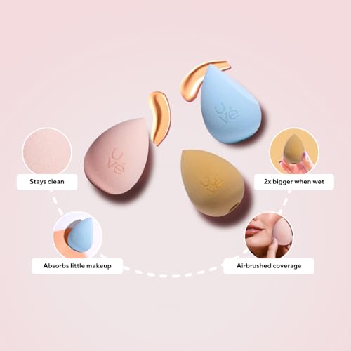 PURE Makeup Blender Sponge Set, Streak Free Application of Liquid, Powder & Cream Foundation, Professional Complexion Blending Tool, Cruelty Free, Vegan, Latex Free, Pack of 3 Shapes