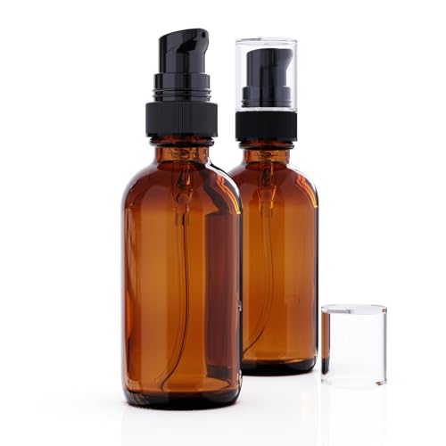 12Pack 60ml Amber Glass Pump Bottle with Black Top,2oz Small Dispenser, Travel Size Refillable Botttles For Lotions,Sercums,Essential Oils