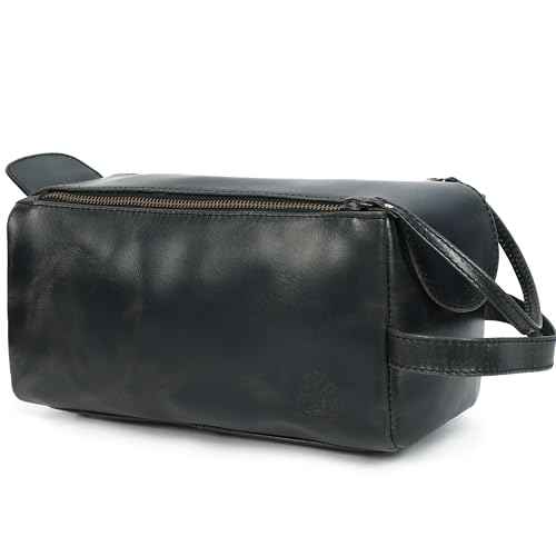 Leather Toiletry Bag for Men, Travel Duffels Essentials Shaving Dopp Kit, Mens Travel Bag Toiletries Organizer Case for Grooming, Made from 100% Real Leather (Black)