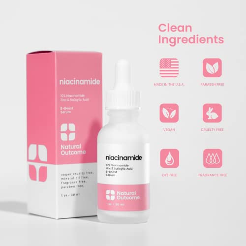 Niacinamide Serum for Face by Natural Outcome Skin Care, B-Boost Niacinamide 10% Plus Zinc 2% Salicylic Acid + Hyaluronic Acid, Acne Treatment + Pore Reducing Serum + Skin Balancing