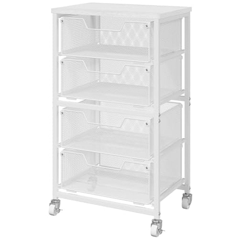 4-Drawer Metal Rolling Storage Cart with Wooden Top - White