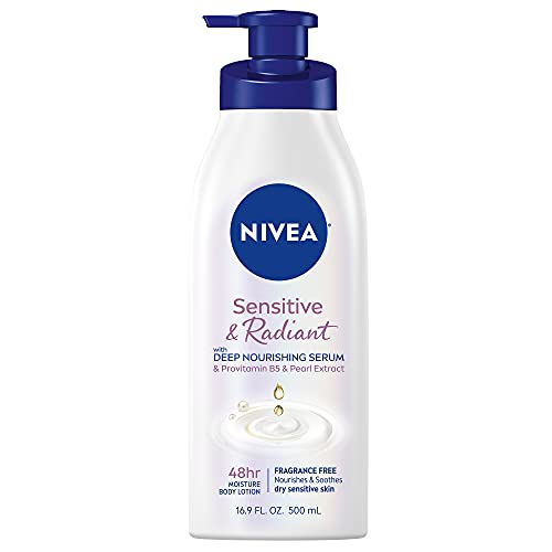 NIVEA Sensitive and Radiant Body Lotion for Sensitive Skin, Unscented Body Lotion With Hypoallergenic Formula, 16.9 Fl Oz Pump Bottle