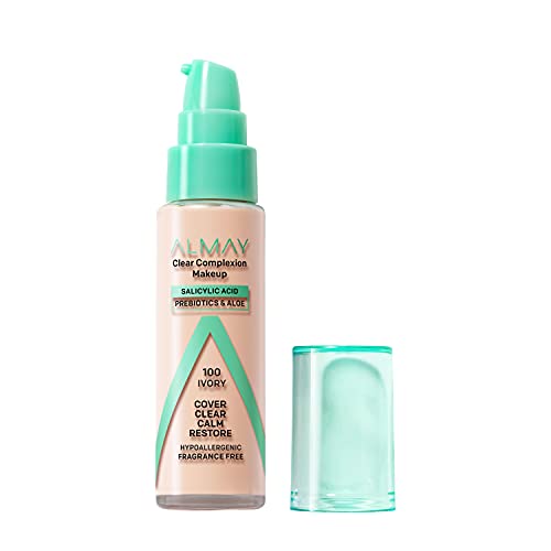 Almay Clear Complexion Acne Foundation Makeup with Salicylic Acid - Lightweight, Medium Coverage, Hypoallergenic-Fragrance Free, for Sensitive Skin , 100 Ivory, 1 fl oz.