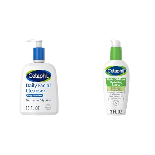 Cetaphil Face Wash, Daily Facial Cleanser for Sensitive, Combination to Oily Skin, 16 oz, Fragrance Free + CETAPHIL Daily Hydrating Lotion for Face, Hyaluronic Acid, 3 fl oz, Lasting 24 Hr Hydration