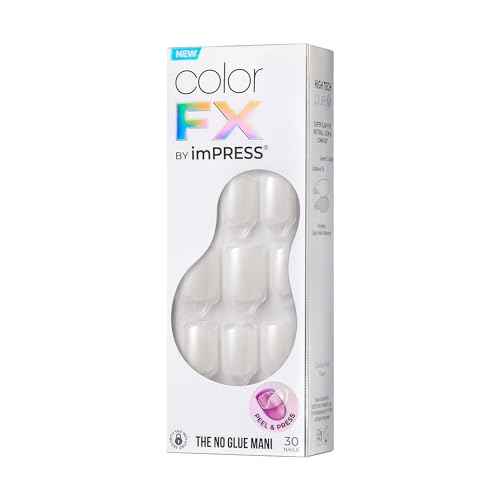 KISS imPRESS No Glue Mani Press-On Nails, Color FX, White Shimmer, Short Size, Squoval Shape, Includes 30 Nails, Prep Pad, Instructions Sheet, 1 Manicure Stick, 1 Mini File
