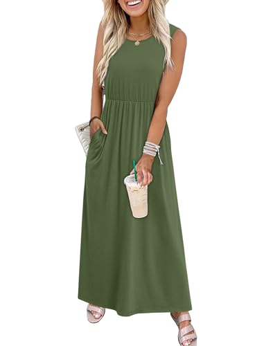 WIHOLL Summer Maxi Dresses for Women Flowing Long A-Line Sleeveless Sundresses with Pockets