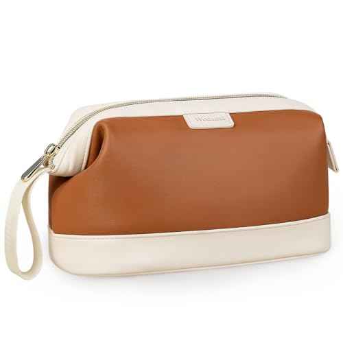 Wedama Makeup Bag Gift for Women, PU Leather Cosmetic Bag Wide Open Make up Organizer Bag, Large Capacity Travel Cosmetic Bag, Makeup Case with Handle for Women Girls, Brown