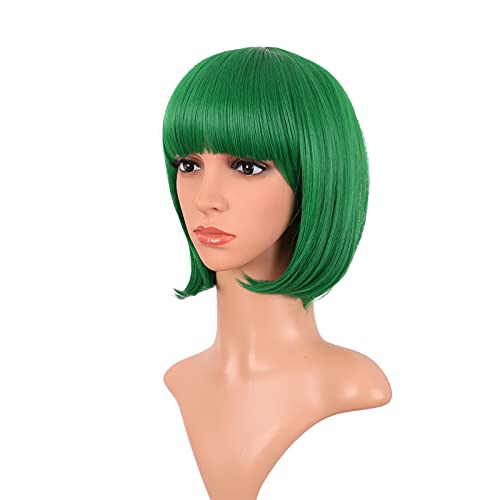 MapofBeauty 12" Green Short Bob Wig with Flat Bangs