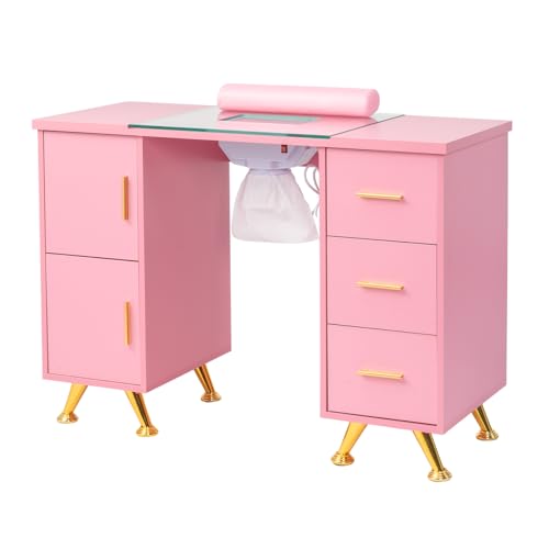 OmySalon Manicure Table with Glass Top & Dust Collector, Pink
