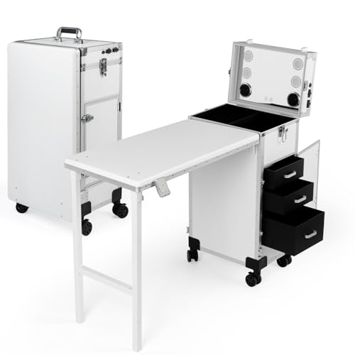 Rolling Manicure Table with 3 Drawers & Mirror | Portable Nail Desk