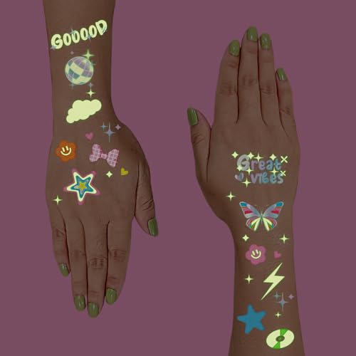Glow in Dark Temporary Tattoos Adult - 126 PC; Festival Vibe Birthday Party Supplies, Great Vibes Disco Groovy Tattoos, Smiley Decorations, Y2K Decor, Flower Power Birthday Party Supplies
