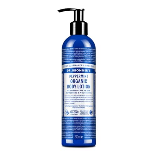 Dr Bronner's Organic Peppermint Hand and Body Lotion, Made with Organic Oils, Used for Face and Body, Certified Fair Trade & Vegan Friendly, 236ml Recycled Bottle