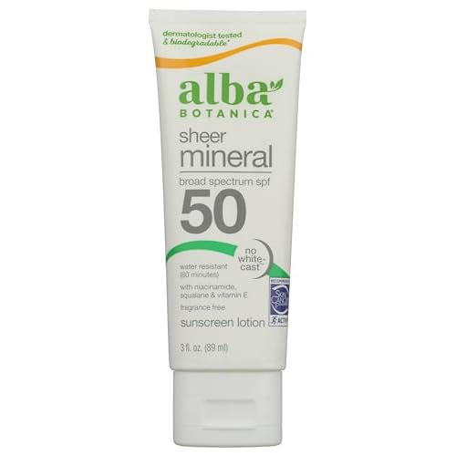Alba Botanica Mineral Sunscreen Lotion SPF 50, Broad Spectrum, Fragrance Free, 3 Fl Oz (Packaging May Vary)