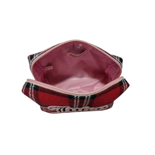 Juicy Couture Red Makeup Bag Cosmetics Organizer Travel Essentials Zip Top Wedge Plaid Flannel