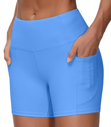 THE GYM PEOPLE High Waist Yoga Shorts for Women's Tummy Control Fitness Athletic Workout Running Shorts with Deep Pockets(Small, Sea Blue)