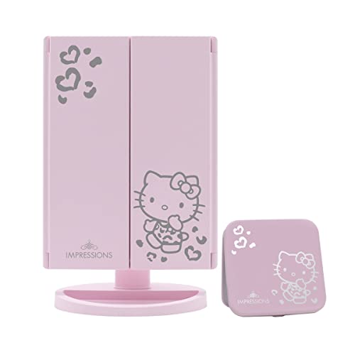 Impressions Vanity Hello Kitty Lighted Makeup Mirrors Bundle, Supercute Trifold and Compact Mirror with LED Lights, Magnification, Touch Screen, Travel Accessories Portable Hand Mirror (Pink)